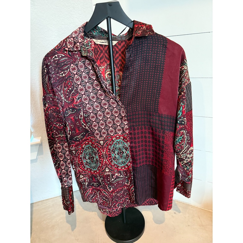 Zara Basic Patchwork Print Button-Up Blouse Long Sleeve Boho Festival‎ Top Sz XS